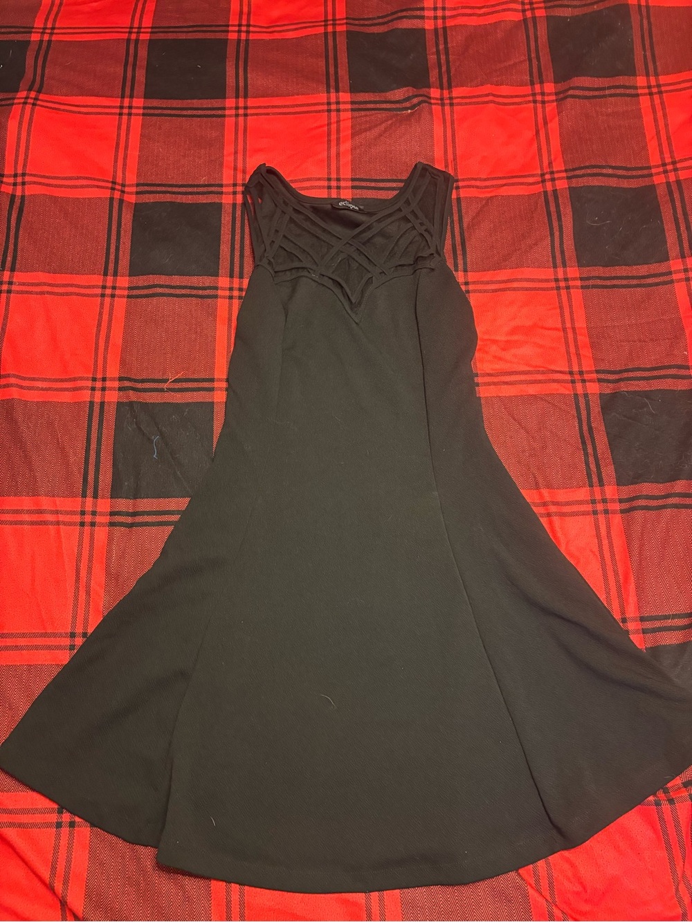 Eclipse Black Sleeveless Mini Dress with Lattice Yoke